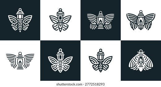 Elegant set of eight vector icons depicting moths and butterflies integrated with lanterns representing nocturnal beauty mystery and vintage light concepts for branding