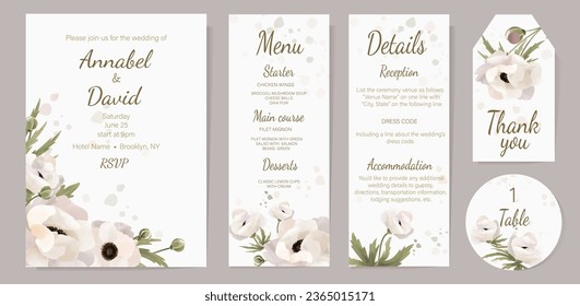 Elegant set of five wedding cards. Delicate floral background with watercolor spots. Wedding invitation, thank you, menu, details, table number.