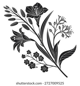 Elegante conjunto de elementos florais em estilo silhueta preta, com flores decorativas, folhas e formas botânicas. Design de vetor floral limpo, mínimo e intemporal perfeito para logotipos, marcas, convites, tatuagens, arte de parede, embalagem, rótulos, designs de casamento, cartões de saudação e projetos decorativos. Ilustração vetorial editável de alta qualidade adequada para impressão e uso digital, ideal para projetos clássicos, de luxo e inspirados na natureza.