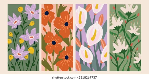 Elegant set of floral patterns in hand drawn style on beige background. Suitable for spring season wallpaper, fabric prints, and design templates