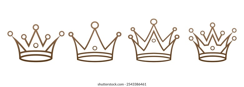 Elegant set of four distinct crown icons showcasing classic regal elegance, perfect for branding, royal themes and creative projects.