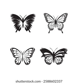 Elegant Set of Four Intricate Butterflies in Black Stroke on a Clean White Background – Detailed Butterfly Template Vector Illustration for Nature-Inspired Graphic Design and Artistic Projects.