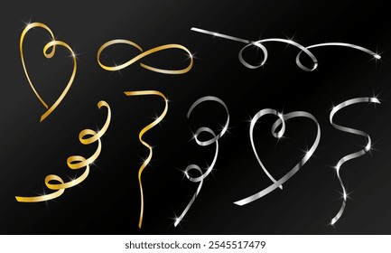 Elegant set of gold and silver ribbon decorations on a black background. Curved and twisted ribbons form heart shapes and flowing designs, perfect for festive and celebratory themes.
