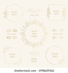 Elegant set of golden botanical frames. Wedding borders with plants, flowers, leaves, herbs. Vector isolated illustration.