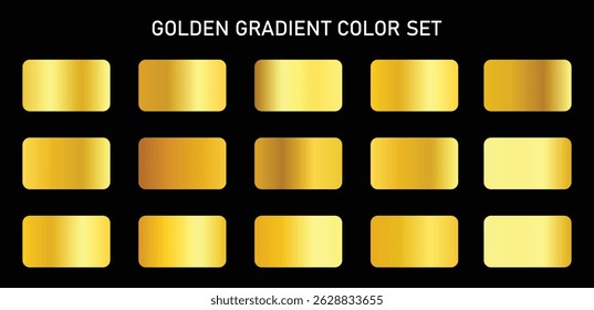 Elegant set of golden gradient color swatches with rich metallic tones. Ideal for premium branding, luxury packaging, UI design, print templates, and high-end visual design projects.