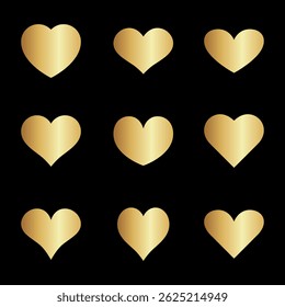 Elegant set of golden heart shapes with metallic shine effect on a black background Ideal for Valentine Day designs, wedding invitations, romantic greeting cards, luxury branding