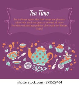 Elegant set of hand drawn tea and cakes banners for business cards, shop ads flyers or invitations with teapot, cup, cakes, sweets and berries