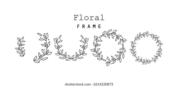 Elegant set of hand-drawn floral wreath frames in a clean, minimalistic style. botanical designs feature leaves, berries, and simple curves, perfect for invitations, logos, wedding stationery