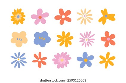 Elegant set of hand-drawn retro flowers in the style of the 70s.  groovy daisy flowers. Perfect for vintage-style posters, invitations, greeting cards, and decorative designs. 