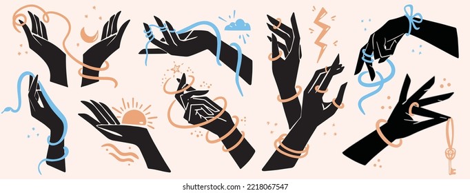 Elegant set of isolated elements of female cartoon flat black silhouettes of hands in orange and blue jewelry with sun, moon, stars, lightning, snake, ribbons, rings and bracelets. Different vector