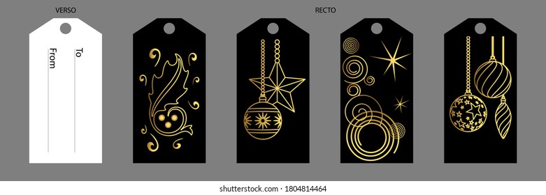 Elegant set of labels with different designs of gold Christmas objects on a black background, to decorate and name the recipient of your gifts.