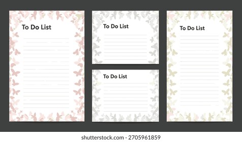 Elegant set of printable to-do list templates in various sizes featuring a delicate border of pastel colored butterflies.