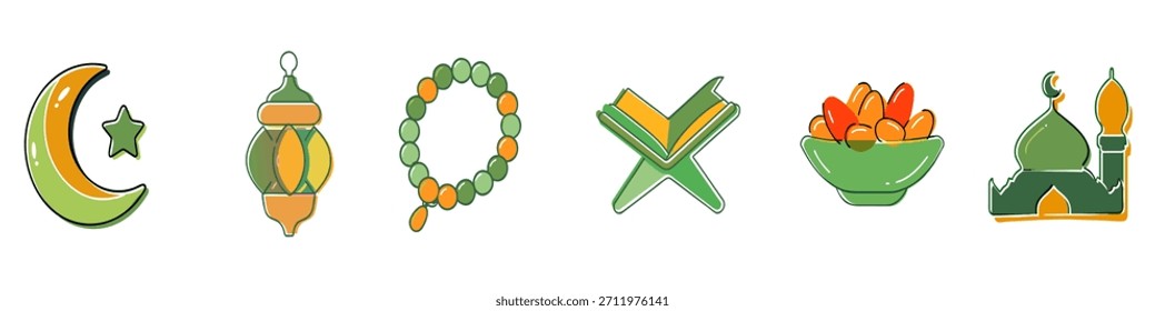 Elegantes Set von Ramadan-Ikonen mit Halbmond, Laterne, Gebetsperlen, Koran, Datteln und Moschee. Flacher Stil - perfekt für islamische Apps, Grußkarten oder festliche Ramadan-Designs.