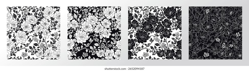 Elegante conjunto de padrões florais sem costura em variações preto e branco. Ideal para design têxtil, embalagem, papéis de parede, papel de embrulho, impressões de tecido, envoltório de presente, padrões de superfície, papel digital.