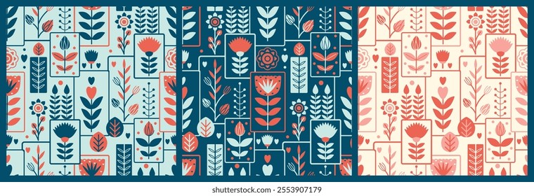 Elegant set of seamless patterns inspired by Scandinavian design, stylized floral motifs in a folk Nordic aesthetic. Modern home decor backgrounds, textiles, and stationery