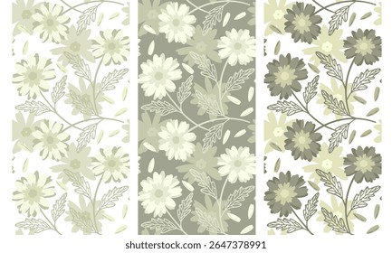 Elegant set of seamless vector floral patterns with hand-drawn flowers in green, beige, and olive tones. Design for textile print, packaging, wallpaper, eco-style branding, and digital backgrounds.
