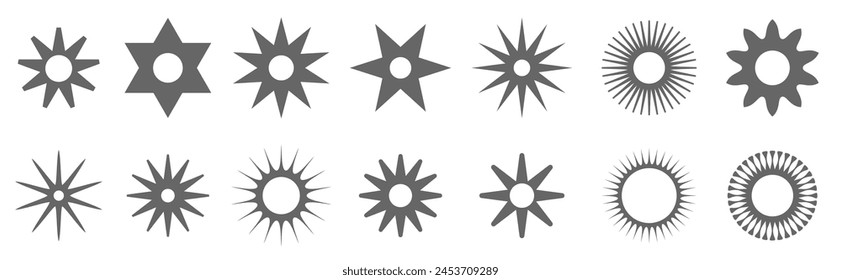 An elegant set of starburst patterns in greyscale, featuring varied ray lengths and designs, ideal for sophisticated graphic compositions.
