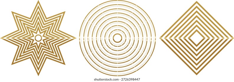 Elegante conjunto de tres Elementos geométricos abstractos con líneas doradas concéntricas: una estrella, un círculo y un rombo. Gráficos de Vector ideales para marcas de lujo, temas de vacaciones o invitaciones elegantes.