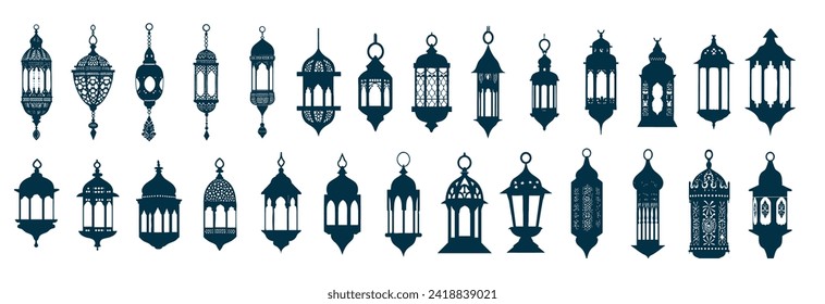 Elegant set of varied traditional lantern silhouettes, ideal for festive and cultural celebration themes. Ramadan lamp set in arabic style. Cartoon vector illustration design.