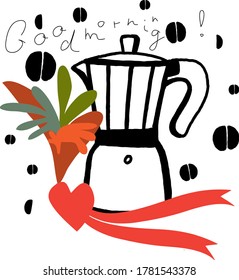 Elegant set of vector elements about coffee. Lettering. Good morning. Breakfast. Doodle cartoon illustrations for design menu.
