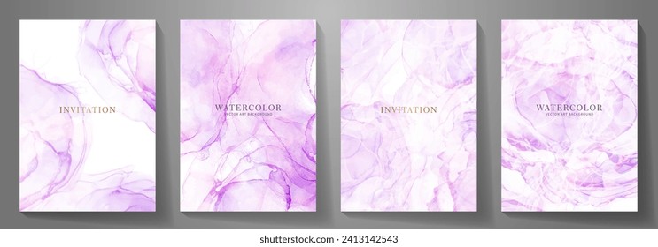 Elegant set vector watercolor texture art background. Pink, blue and purple modern alcohol ink illustration for cover design, card, flyers, poster. Premium abstract painted template for design.