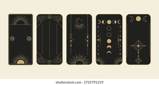 Elegante conjunto de Plantillas de cartas esotéricas de Vertical con fases lunares, rayos solares y geometría sagrada.