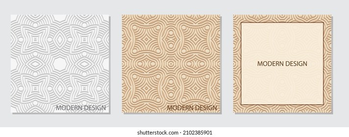 Elegant set of vintage square embossed light web banner backgrounds with geometric 3D pattern, frame for text. Ethnicity of the peoples of the East, India, Mexico, Aztec with handmade elements.