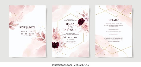 Elegant set of wedding invitation card template with pink and burgundy floral and leaves decoration
