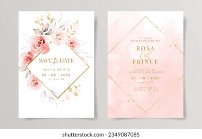 Elegant set of wedding invitation card template with pink floral and leaves decoration