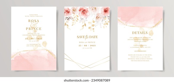 Elegant set of wedding invitation card template with pink floral and leaves decoration