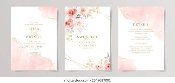 Elegant set of wedding invitation card template with pink floral and leaves decoration