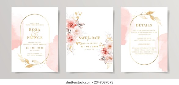 Elegant set of wedding invitation card template with pink floral and leaves decoration