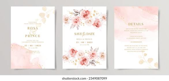 Elegant set of wedding invitation card template with pink floral and leaves decoration