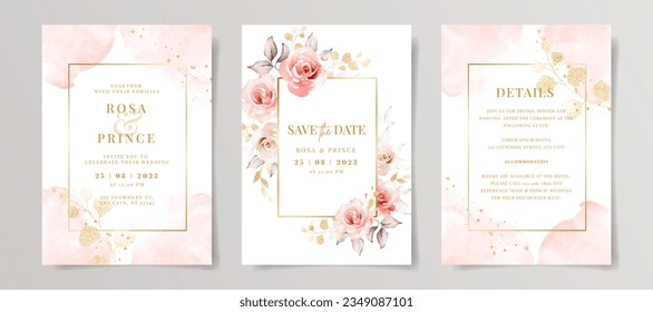 Elegante juego de plantillas de tarjeta de invitación a boda con decoración de flores y hojas rosadas