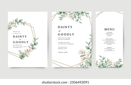 Elegant set of wedding invitation templates with geometric gold frame and floral watercolor