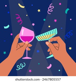 An elegant set of wine tasting vectors. Hands raising glasses in a toast is an exquisite alcoholic concept with simple flat icons. Ideal for events in wineries.