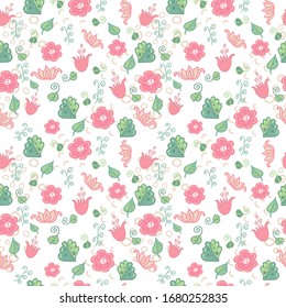 Elegant shabby floral doodle silhouette seamless pattern in vector design. Editable Illustration. Botanical leaf and flower elements in a delicate composition.