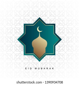 Elegant shape of eid mubarak banner with mosque.  Arabic calligraphic text of Eid Mubarak.