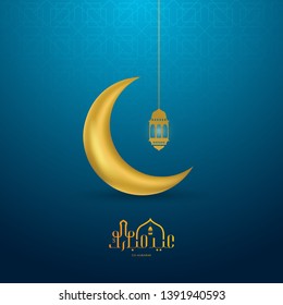 Elegant shape of eid mubarak banner with mosque.  Arabic calligraphic text of Eid Mubarak.
