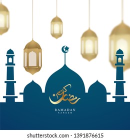 Elegant shape of ramadan kareem banner with mosque. Arabic calligraphic text of Ramadan Kareem.
