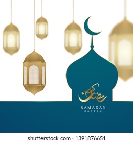 Elegant shape of ramadan kareem banner with mosque. Arabic calligraphic text of Ramadan Kareem.