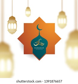 Elegant shape of ramadan kareem banner with mosque. Arabic calligraphic text of Ramadan Kareem.