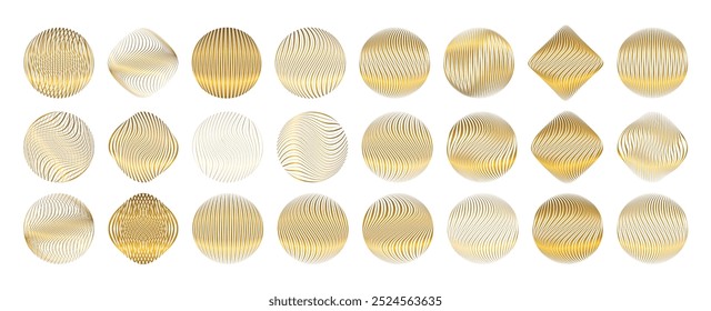 Conjunto de forma elegante de esferas de círculo de ouro abstrato com fluxo de textura de linha orgânica