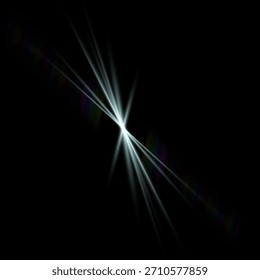 Elegante estrella afilada con menos rayos estrechos y alargados y sutiles efectos de luz del arco iris sobre un fondo negro. Diseño brillante refinado adecuado para las superposiciones de luz modernas.