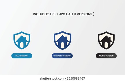Elegant shield with house icon for representing home security, insurance, and trust-based real estate. Ideal for apps, listings, dashboards. Comes in 3 modern styles.