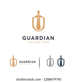 El logotipo de Escudo elegante diseña el concepto vector, el símbolo Guardian, la plantilla de logotipo Escudo y espada