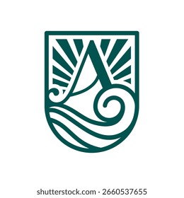 Elegante logotipo de escudo con la letra inicial 'A' integrada con ondas abstractas y rayos solares