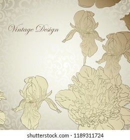 Elegant shimmer silver-pink Card with swirls background and hand drawn flowers
