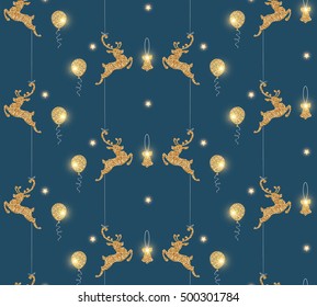 Elegant Shining Christmas Seamless Pattern with Gold Deers, Balls and Bell. Vector illustration
