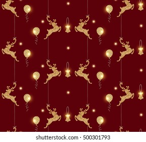 Elegant Shining Christmas Seamless Pattern with Gold Deers, Balls and Bell. Vector illustration